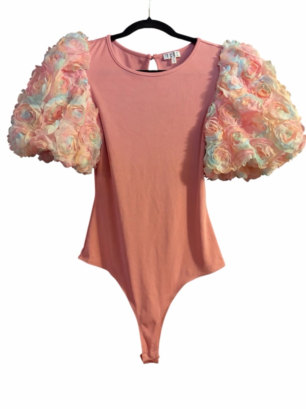 TCEC Coral Pink Bodysuit with 3D Floral Puff Sleeves